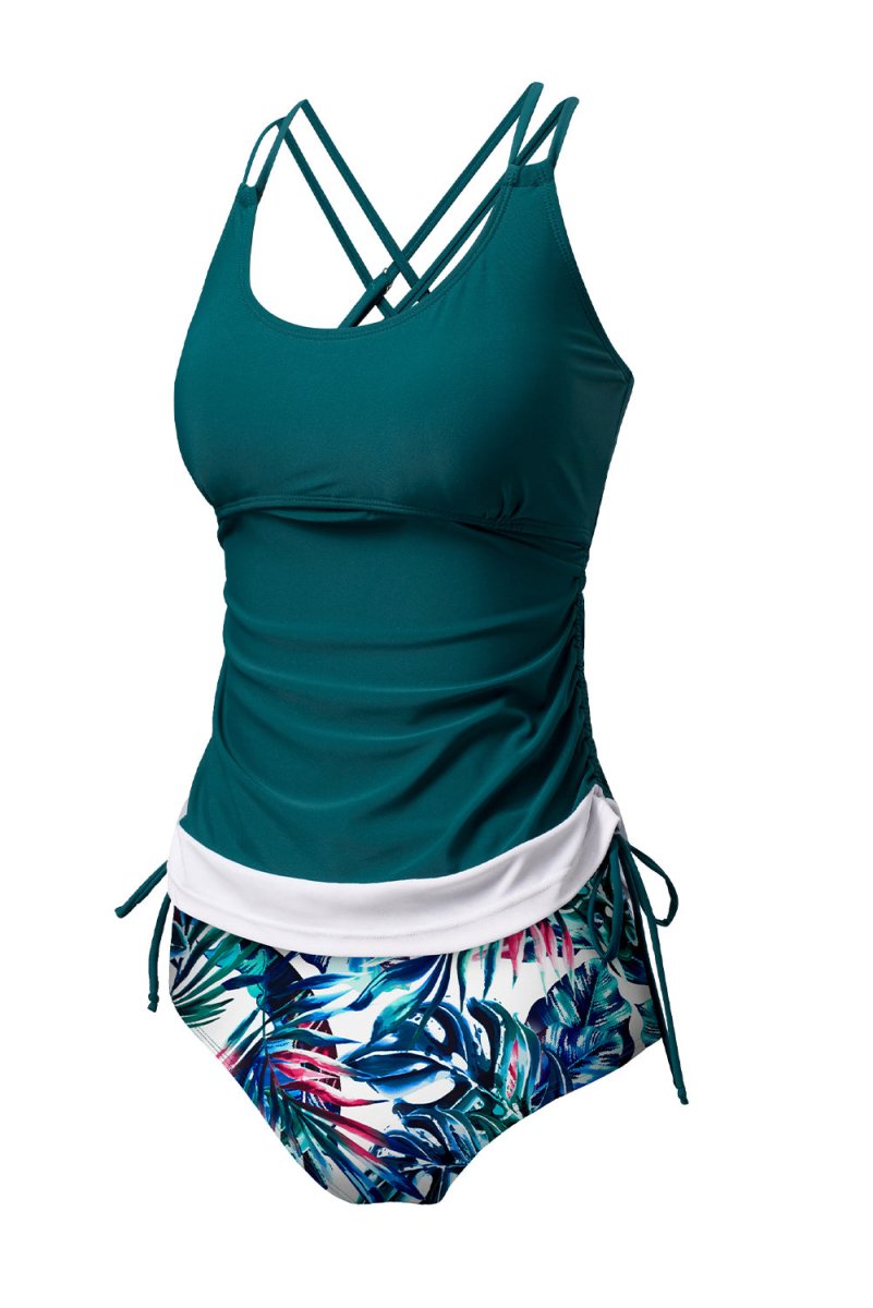 Sea Green Floral Print Drawstring Tankini Set with Tummy Control - Love Salve